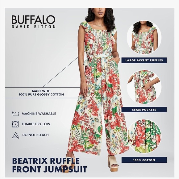 Buffalo NWT David Bitton Womens Ruffle cherry red Jumpsuit wide leg Plumeria - Picture 2 of 13